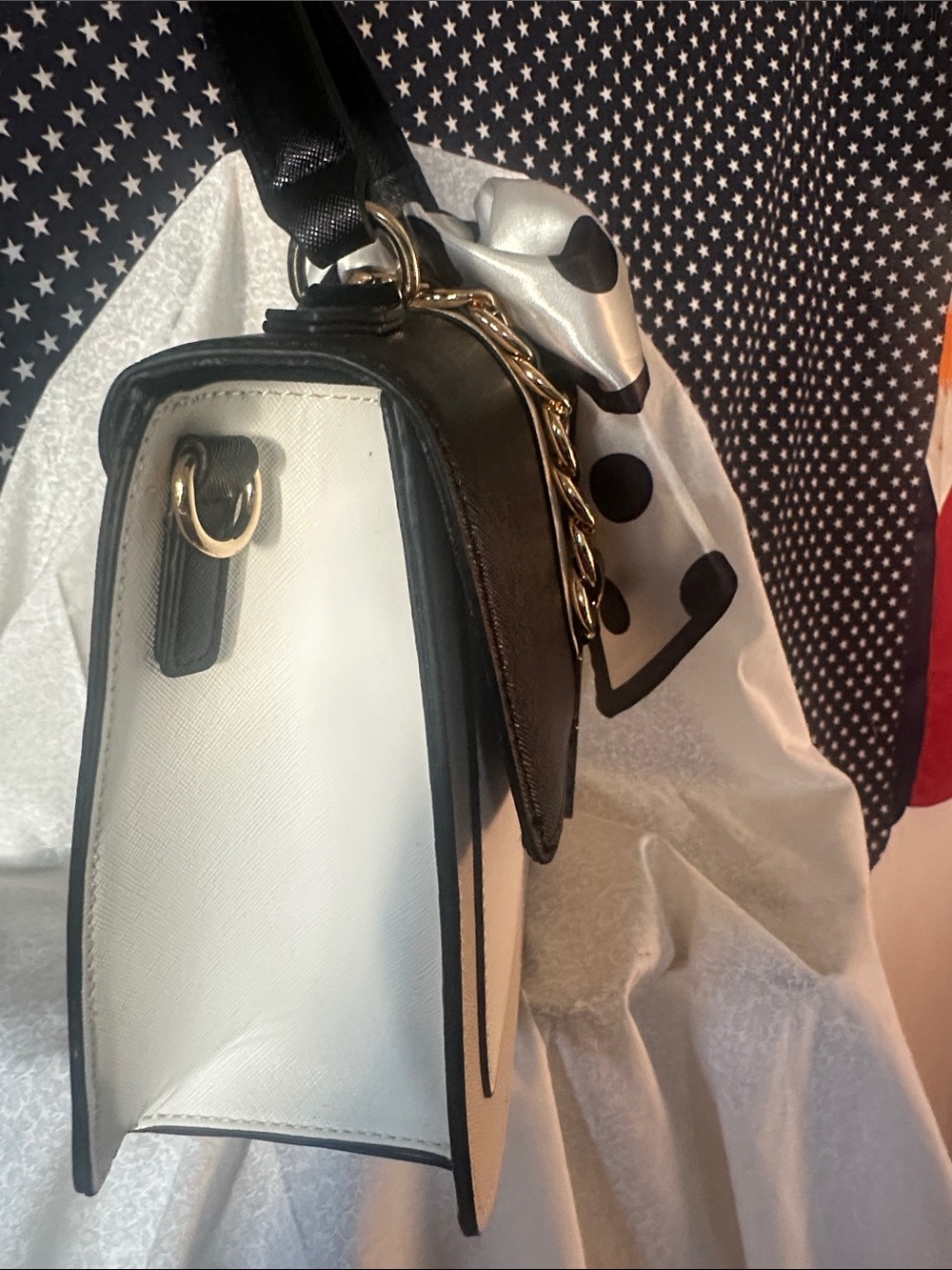 Aldo Black and White Top-Handle Satchel with Gold Chain Accent - Picture 3 of 5